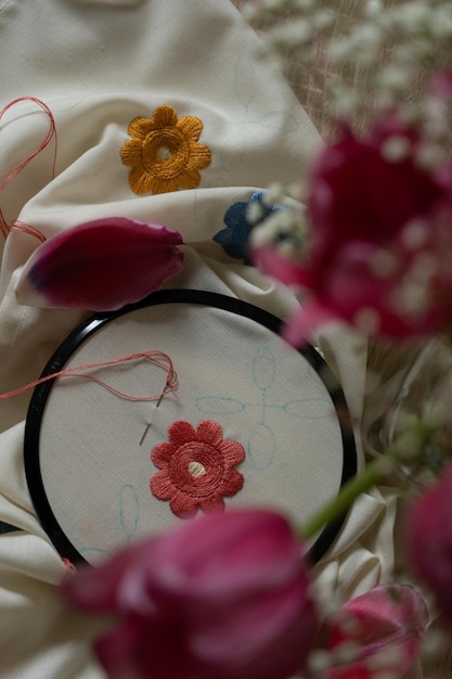 close up of traditional embroidery hoop